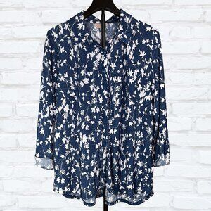 Amana Navy Floral Button Front Blouse 2X 3/4 Sleeve
